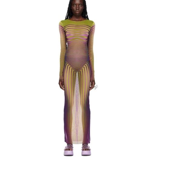 Jean Paul Gaultier Dresses & Skirts - Jean Paul Gaultier Women's The Green Body Morphing Stripe Long Sleeve Tulle Maxi